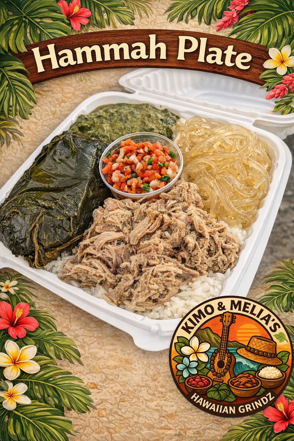 Da Hammah Plate - Laulau, Squid Luau, Chicken Long Rice, Kalua Pig with Rice